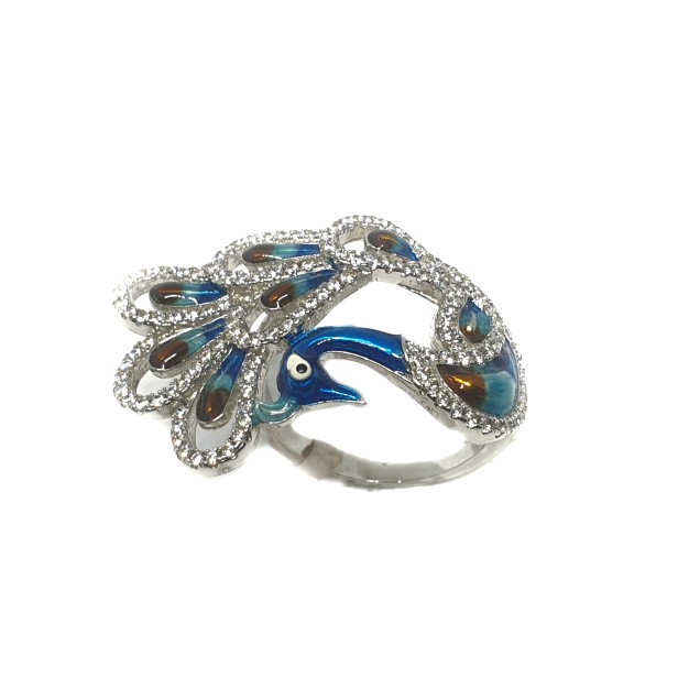 925 Sterling Silver Meenakari Peacock Shaped Ring MGA - LRS0337