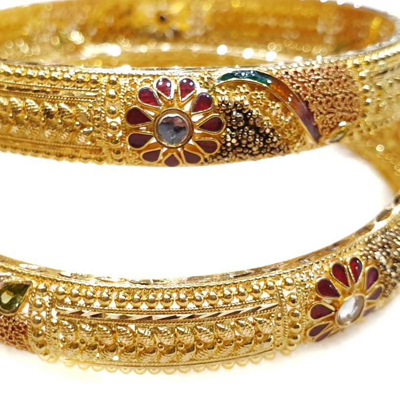 916 Gold Kalkatti Meenakari Flower Shape Kada Bangles MGA - GP070
