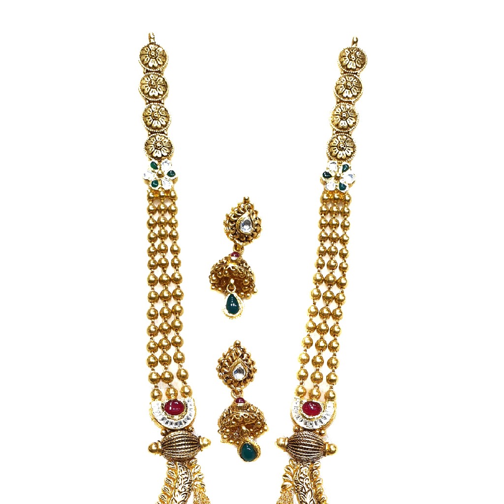 22k Gold Antique Rajwadi Necklace With Earrings MGA - GLS072