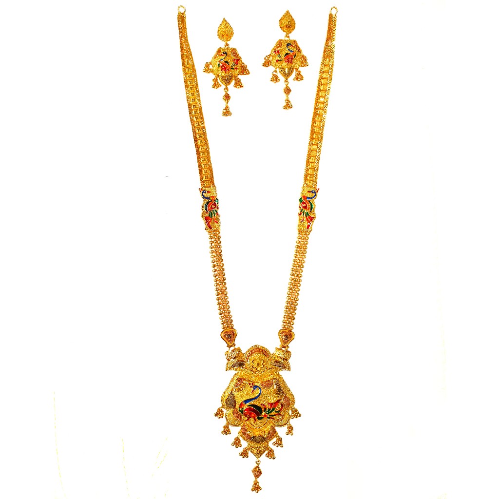 One Gram Gold Forming Peacock Shaped Meenakari Long Necklace Set MGA - HRE0005