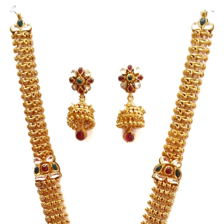 22k Gold Long Rajwadi Necklace With Jummar Buti MGA - GLS077