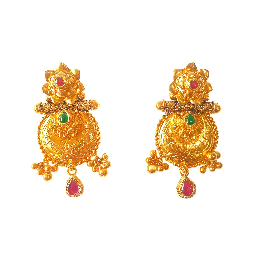 22K Gold Antique Necklace With Earrings MGA - GLS0098
