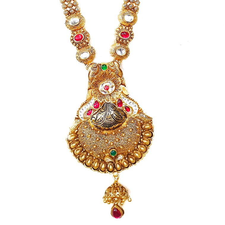 916 gold antique rajwadi necklace with earrings mga - gls074