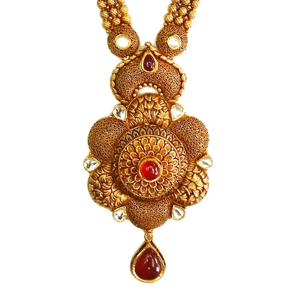 22k Gold Flower Shaped Antique Rajwadi Necklace Set MGA - GLS055