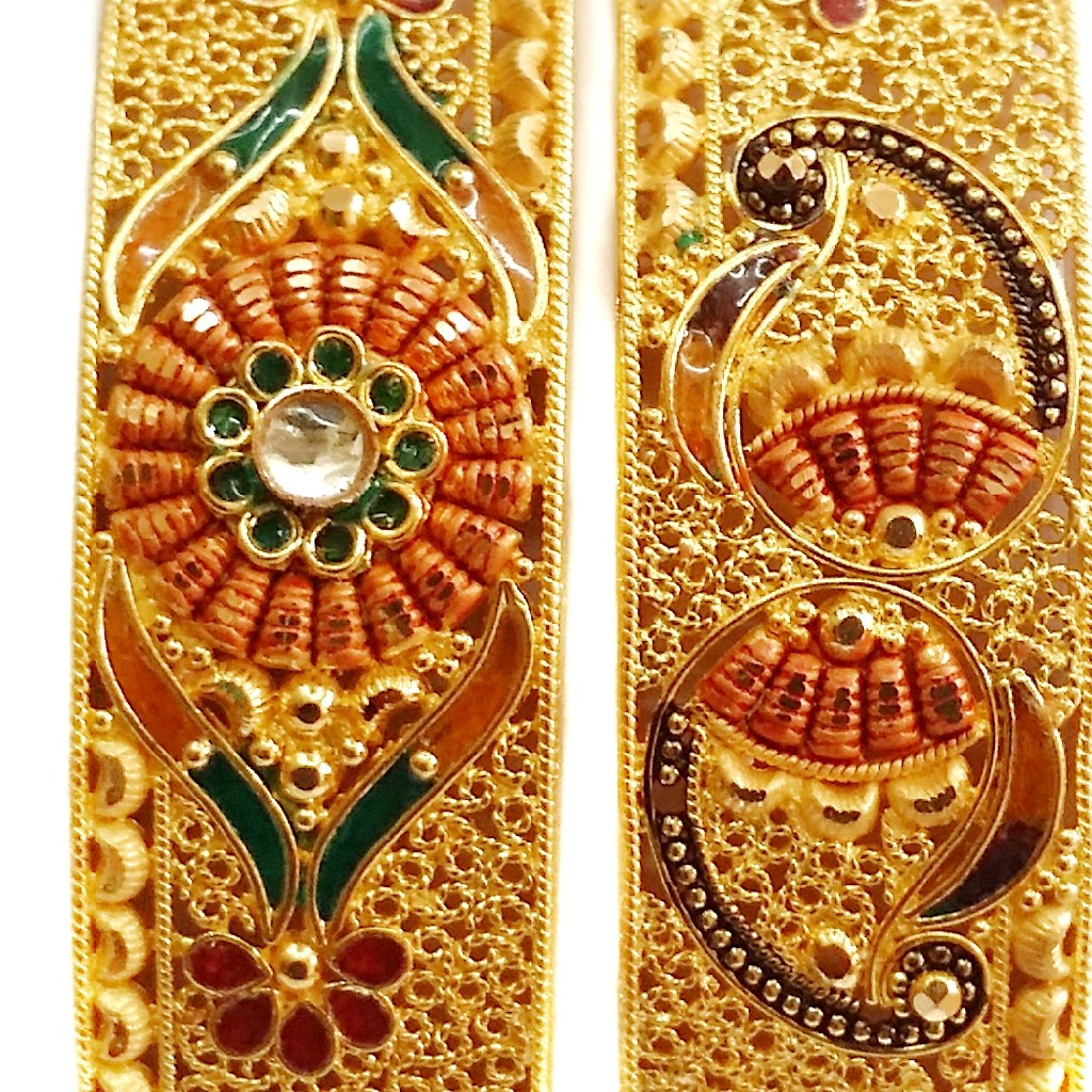 22k Gold Green Meenakari Flower Shape Patla Bangles MGA - GP043