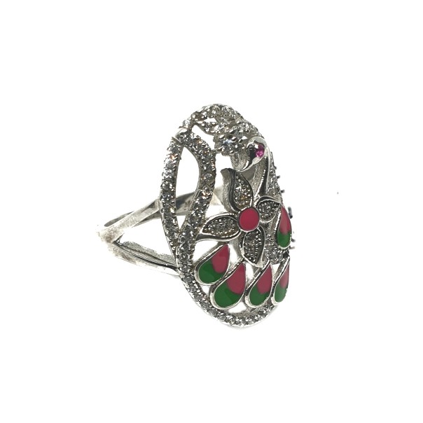 925 Sterling Silver Peacock Shaped Meenakari Ring MGA - LRS0056