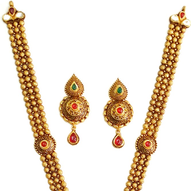 22k Gold Flower Shaped Antique Rajwadi Necklace Set MGA - GLS055