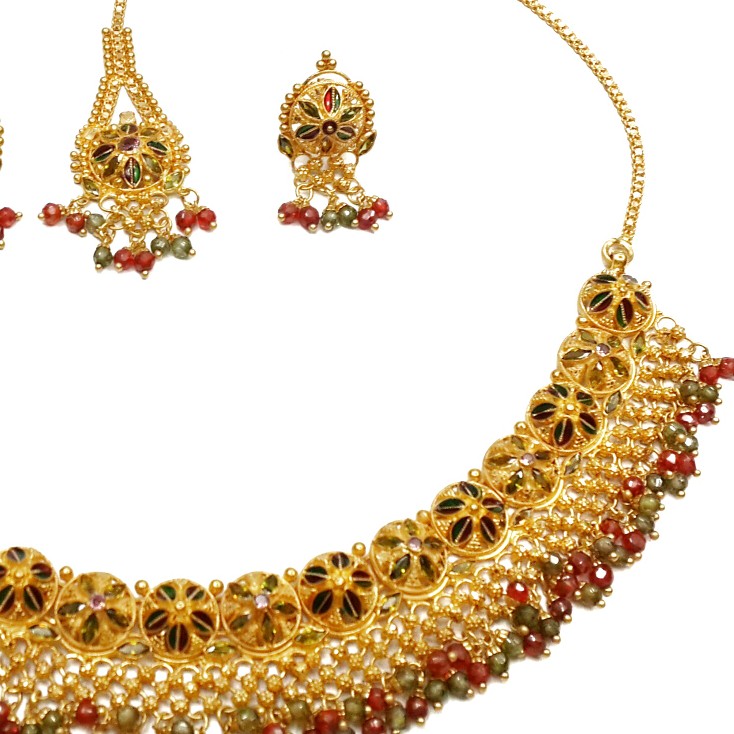 22k gold multi meenakari flower shaped necklace set mga - gn052